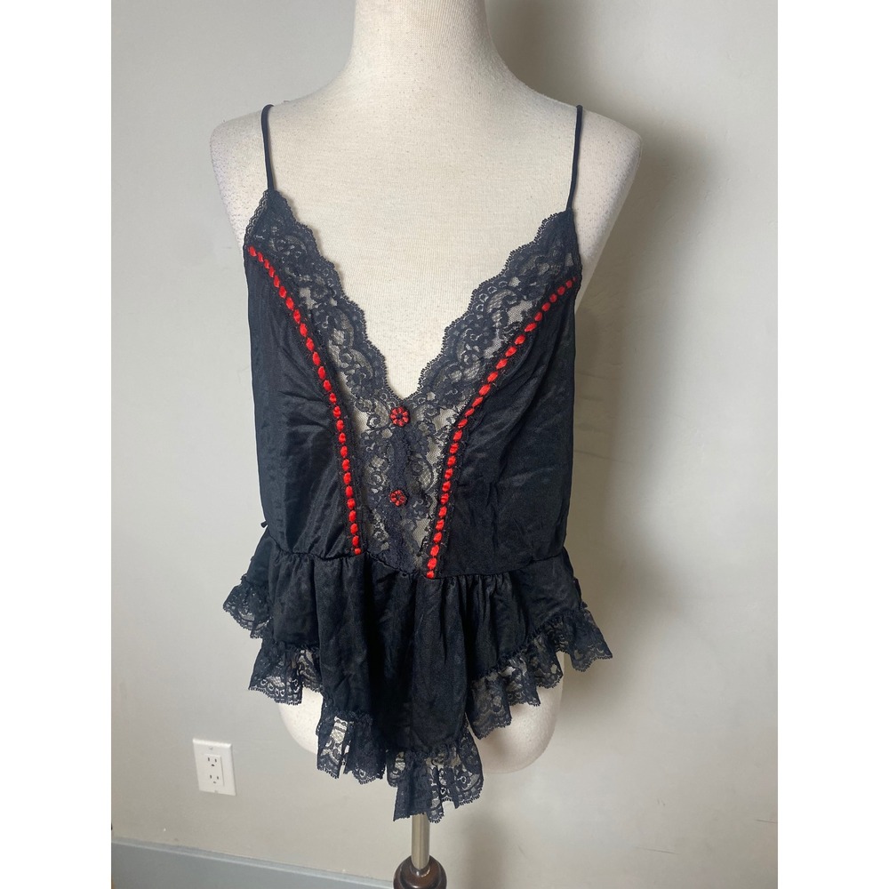Vintage 70s 80s Black Lace Lingerie Top Red Floral Trim Peplum Camisole Nylon